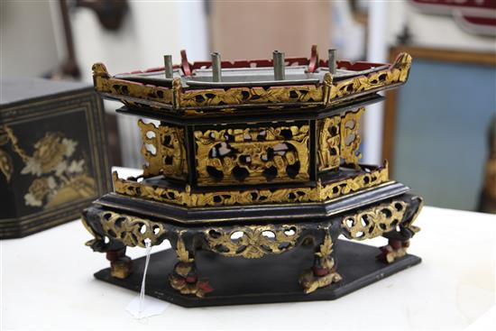 A Chinese gilt-decorated black lacquer portable altar stand, late 19th century, length 33.5cm
